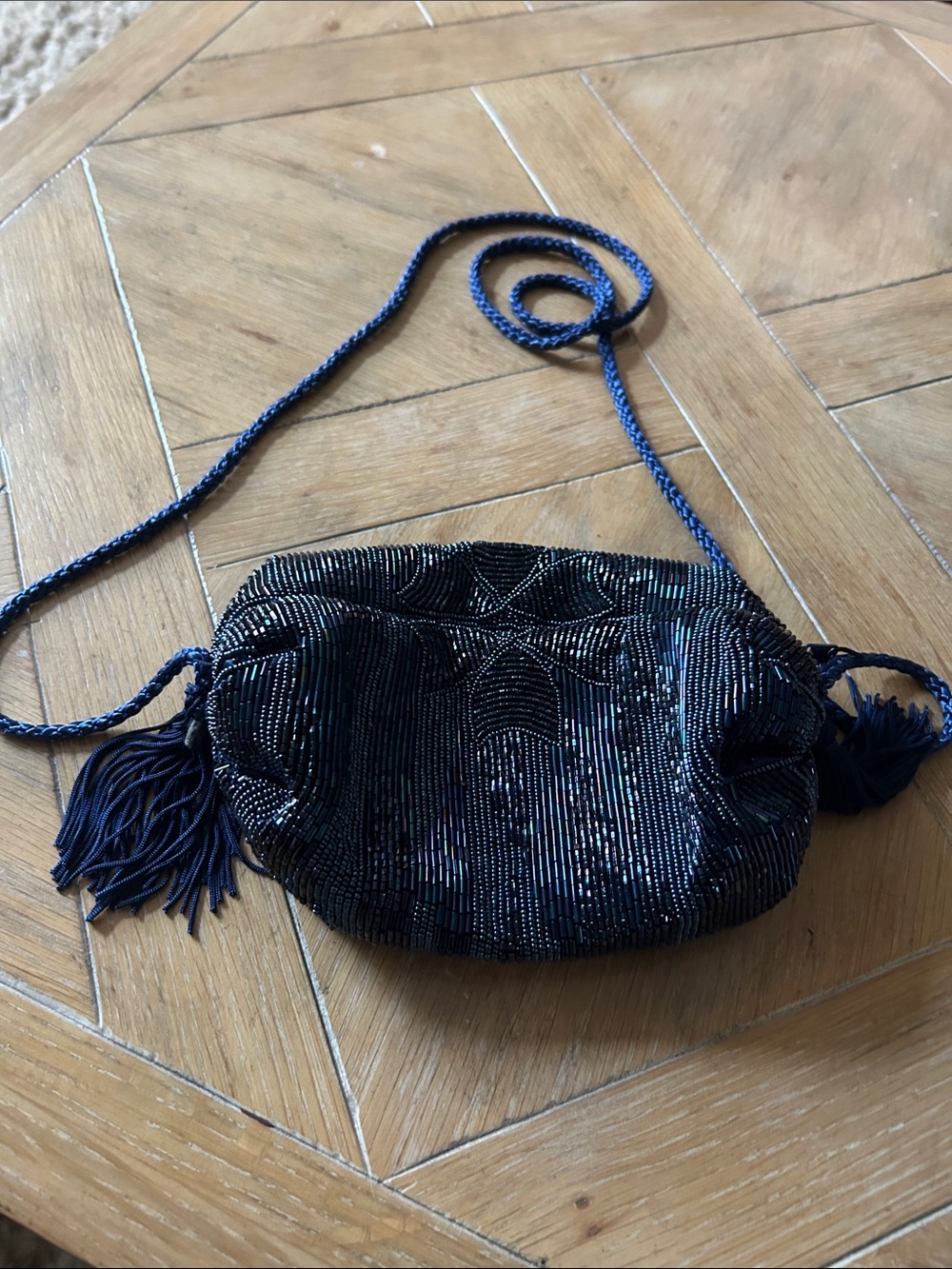 Beaded Navy Evening Clutch with Tassel Strap